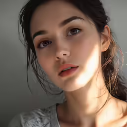 a young woman with pale makeup looks off into the distance