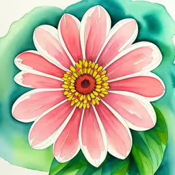 a pink flower is on the watercolor paper,a painting of a pink flower on top of a white background,a picture of a painting with a flower in the middle,a flower in pink and white is featured,a pink flower with green leaves is shown