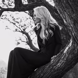 the blonde woman is posing by the tree