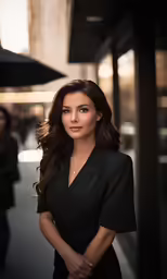 an attractive woman standing in the middle of a street