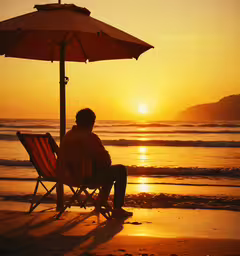 the sun sets at the beach while a person is lounging,a person is sitting in a chair on the beach