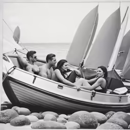 people in a sailboat with three people lying in it