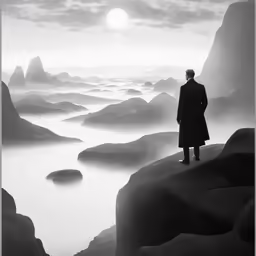 a man in a trenchcoat looking over a valley full of rocks