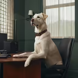there is a dog that is sitting on a desk