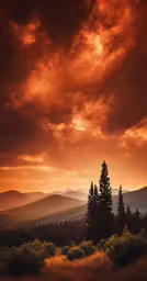 an image of trees and mountains under a red sky