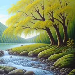an oil painting on canvas of mountains, trees, and water,the painting is shown in an artistic manner,a painting of water and trees in the mountains,a painting on the wall of a river and some trees,painting with trees and mountain stream with blue sky