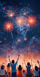 a fireworks display is pictured as children watch