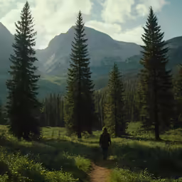 there is a man walking down a dirt road in the woods