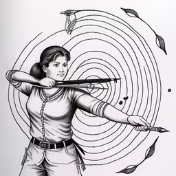 a pencil drawing of a girl aiming a bow at target,the cover of an illustrated book, featuring an image of a woman holding a gun