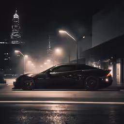 a black car sits on the road near some buildings
