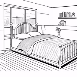 a drawing of a bed room with bookshelf in the background