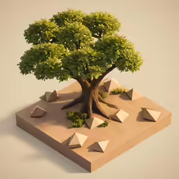 an abstract rendering of a tree and pyramids