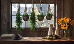 a rustic window with hanging plants and yellow flowers