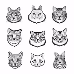 a bunch of different types of cats,nine different heads of cats and kittens in black and white