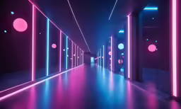 a purple hallway with several blue lights