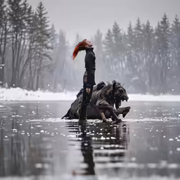 a person standing on a horse in a body of water