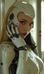 a woman in a white uniform is holding up a robotic hand