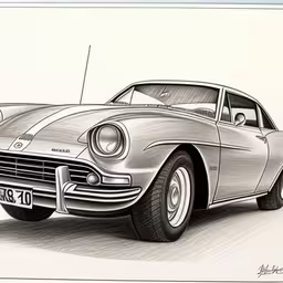 an old car is painted in a black and white style,a drawing of an old fashioned muscle car