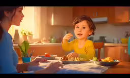 a child eats vegetables while mother watches