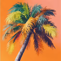 a painting of a coconut tree against an orange background