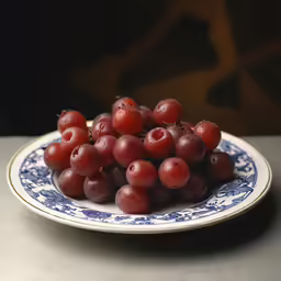 small blue and white plate with purple cherries on it