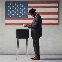 a man standing in front of a small chair holding a cup