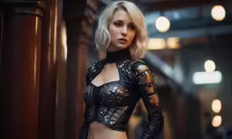 a young woman wearing studded leather is standing in an indoor hallway
