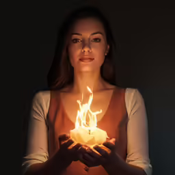 a woman is holding a small lighted candle in her hands