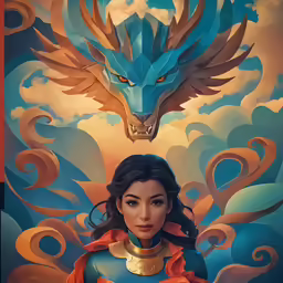 a person standing next to a blue dragon with orange wings