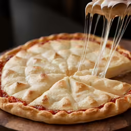 a pizza on a wooden platter with sauce pouring into it
