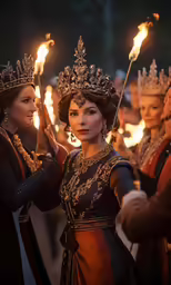 many women wearing crowns and holding torches