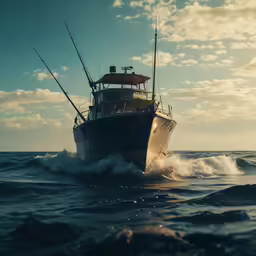 a small fishing boat sailing on waves in the water