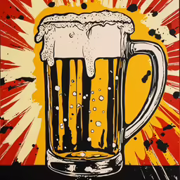 a colorful painting with a mug of beer in the foreground
