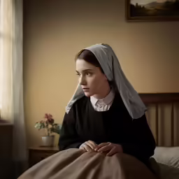 a woman in a nun costume is sitting on the bed