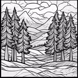 a stained glass window with trees and mountains in the background