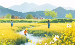 the woman and two boys walk through a meadow
