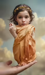 a little girl sitting in a blanket is held in a hand