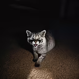 a grey and black cat on a carpet yawning at night