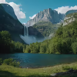a view of a mountain lake near a forest