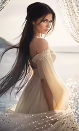 the young lady is posing near some fabric