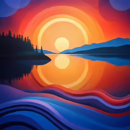 painting of sun with reflection in water and hills