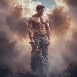 a male body is shown in front of some clouds