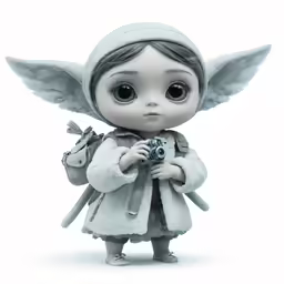 a dolls toy with an angel outfit, holding a camera