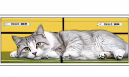 a cat is laying on a green surface near some yellow drawers