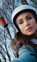 a woman in a helmet taking a selfie