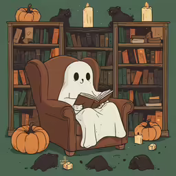an orange and black cat reading a book in a brown chair