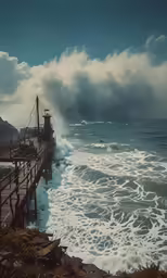 the ocean waves are breaking as a ship sits in the background