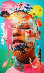 an oil painting of a boy with paint splatters on his face