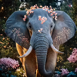 an elephant has a pink flower head wreath on his back