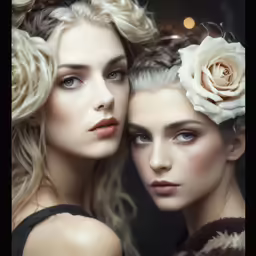 two young women with white flowers in their hair